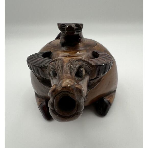 Hand Carved Chinese Brown Stained Soapstone Water Buffalo Lidded Creamer - Picture 4 of 14